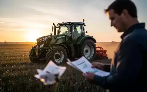 Moderner Traktor auf einem Feld bei Sonnenaufgang, ein Landwirt prüft Dokumente im Vordergrund. Fokus auf Landwirtschaft und Finanzen. - Foto: über boerse-global.de