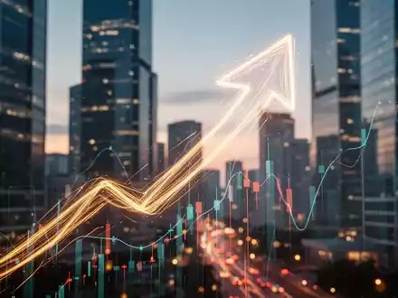 Ein stilisierter, nach oben gerichteter Pfeil aus Lichtstreifen vor einem unscharfen Finanzviertel bei Dämmerung, der Wachstum symbolisiert. - Foto: über boerse-global.de
