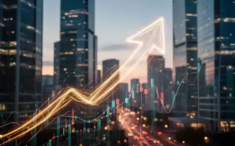 Ein stilisierter, nach oben gerichteter Pfeil aus Lichtstreifen vor einem unscharfen Finanzviertel bei Dämmerung, der Wachstum symbolisiert. - Foto: über boerse-global.de
