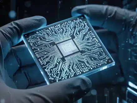 Nahaufnahme eines leuchtenden 4-Nanometer-Halbleiterchips mit sichtbaren Schaltkreismustern, von einer behandschuhten Hand gehalten. - Foto: über boerse-global.de