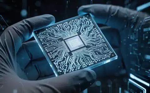 Nahaufnahme eines leuchtenden 4-Nanometer-Halbleiterchips mit sichtbaren Schaltkreismustern, von einer behandschuhten Hand gehalten. - Foto: über boerse-global.de