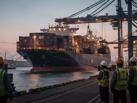 Eine industrielle Hafenszene bei Sonnenuntergang, mit einem großen Containerschiff und angedeuteten Arbeitern im Vordergrund. - Foto: über boerse-global.de