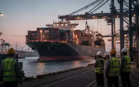 Eine industrielle Hafenszene bei Sonnenuntergang, mit einem großen Containerschiff und angedeuteten Arbeitern im Vordergrund. - Foto: über boerse-global.de