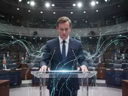 Eine verschwommene Figur eines Politikers am Rednerpult, umgeben von leuchtenden digitalen Linien und abstrakten Daten. Im Hintergrund ein Parlamentssaal. - Foto: über boerse-global.de
