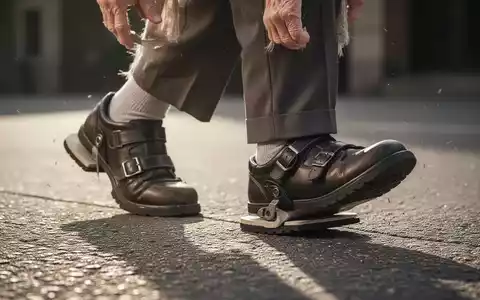 Ältere Füße in orthopädischen Schuhen auf einem strukturierten Boden, die Stabilität und Unterstützung zeigen. - Foto: über boerse-global.de