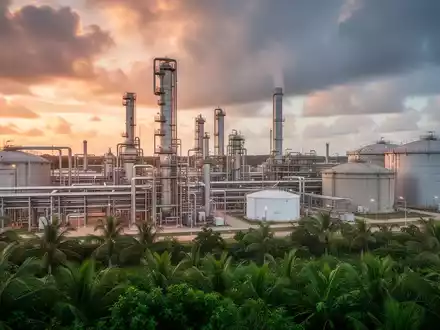 Eine moderne Bioraffinerie-Anlage bei Sonnenaufgang mit komplexen Rohren und Türmen, umgeben von tropischer Vegetation. - Foto: über boerse-global.de