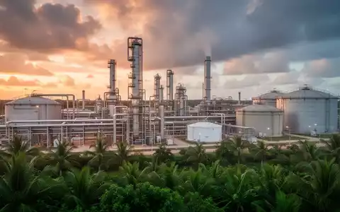 Eine moderne Bioraffinerie-Anlage bei Sonnenaufgang mit komplexen Rohren und Türmen, umgeben von tropischer Vegetation. - Foto: über boerse-global.de