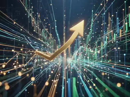 Abstrakte Darstellung von finanziellem Wachstum mit aufsteigenden Pfeilen und leuchtenden Datenpunkten auf dunklem Hintergrund. - Foto: über boerse-global.de