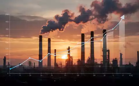 Industrielandschaft mit rauchenden Schornsteinen vor Sonnenuntergang. Subtil angedeutete Kostengrafik. Symbolisiert EU-Emissionshandel und Industriedruck. - Foto: über boerse-global.de