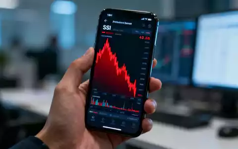 Eine Hand hält ein Smartphone, das einen Aktienchart mit starkem Abwärtstrend und einem RSI von 28,9 anzeigt. - Foto: über boerse-global.de