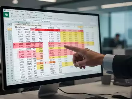 A hand points at an Excel spreadsheet on a monitor, showing an error. Highlighted cells and unusual data indicate technical issues. - Foto: über boerse-global.de