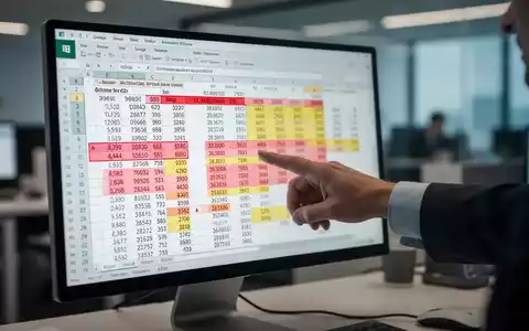 A hand points at an Excel spreadsheet on a monitor, showing an error. Highlighted cells and unusual data indicate technical issues. - Foto: über boerse-global.de