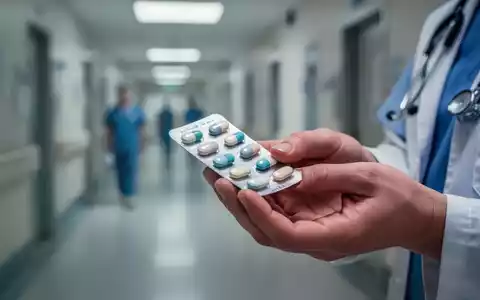 Eine Nahaufnahme einer Hand, die in einem Krankenhausflur eine Blisterpackung mit Schmerzmitteln hält. - Foto: über boerse-global.de