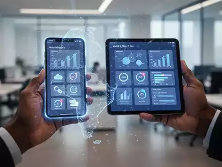 A smartphone and tablet display productivity apps, with subtle AI patterns. Hands hold the devices in a modern office setting. - Foto: über boerse-global.de