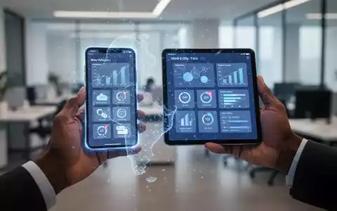 A smartphone and tablet display productivity apps, with subtle AI patterns. Hands hold the devices in a modern office setting. - Foto: über boerse-global.de