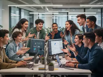 Junge Berufstätige der Generation Z arbeiten und interagieren lebhaft in einem modernen, hellen Büro. Fokus auf Zusammenarbeit. - Foto: über boerse-global.de