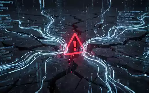 Abstract digital landscape with glowing blue lines and a subtle red warning symbol, representing digital security vulnerabilities and data risks. - Foto: über boerse-global.de