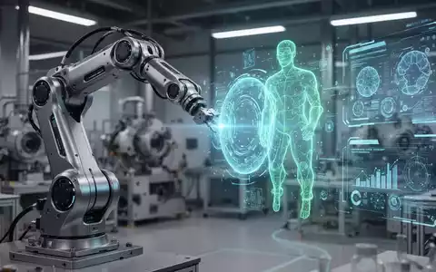 A futuristic robotic arm interacting with a glowing holographic digital twin of itself in a high-tech lab. - Foto: über boerse-global.de