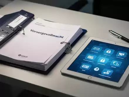Ein Notfallordner mit der Aufschrift 'Vorsorgevollmacht' und ein Tablet mit digitalen Konten auf einem organisierten Schreibtisch. - Foto: über boerse-global.de