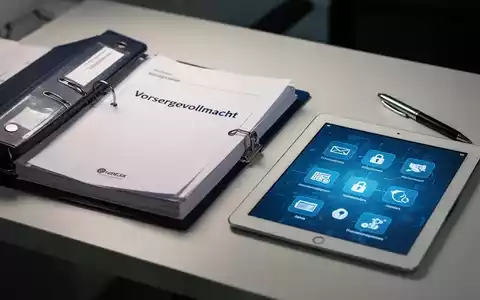 Ein Notfallordner mit der Aufschrift 'Vorsorgevollmacht' und ein Tablet mit digitalen Konten auf einem organisierten Schreibtisch. - Foto: über boerse-global.de