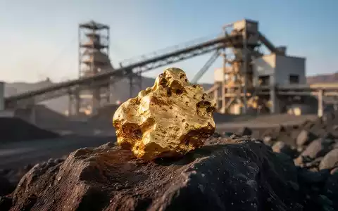 Ein glänzender Goldnugget auf dunklem Fels, im Hintergrund eine moderne Goldmine. - Foto: über boerse-global.de