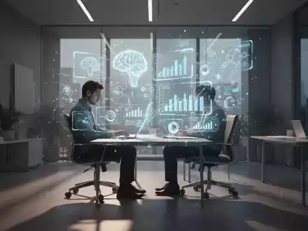 Ein Solopreneur arbeitet konzentriert in einem modernen Büro, umgeben von Technologie, die KI-Anwendungen und digitale Geschäftsmodelle darstellt. - Foto: über boerse-global.de