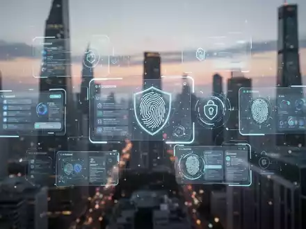 Eine stilisierte digitale Benutzeroberfläche mit schwebenden App-Fenstern und biometrischen Sicherheitssymbolen vor einer Stadtlandschaft bei Dämmerung. - Foto: über boerse-global.de