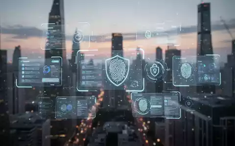 Eine stilisierte digitale Benutzeroberfläche mit schwebenden App-Fenstern und biometrischen Sicherheitssymbolen vor einer Stadtlandschaft bei Dämmerung. - Foto: über boerse-global.de