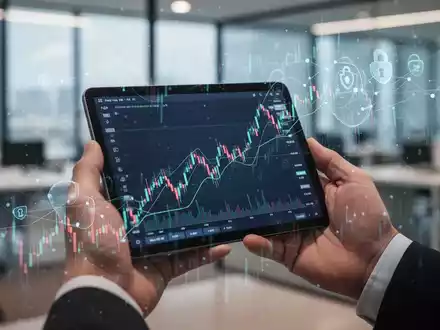 Eine Hand hält ein Tablet mit einem steigenden Aktienchart, umgeben von abstrakten Datenströmen in einem modernen Büro. - Foto: über boerse-global.de
