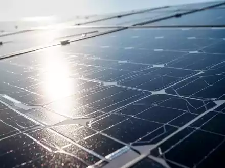 Nahaufnahme einer hochmodernen Solarpanel-Oberfläche, die einen hellen Himmel reflektiert und komplizierte Photovoltaikzellen zeigt. - Foto: über boerse-global.de
