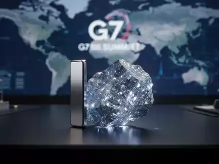 Ein glänzendes Stück Seltenerdmineral, das auf einem dunklen Tisch liegt, mit einer verschwommenen Weltkarte im Hintergrund. - Foto: über boerse-global.de