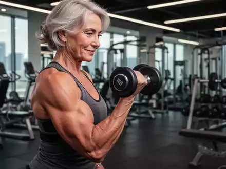 Eine über 50-jährige Frau trainiert ihre Arme mit einer Hantel in einem Fitnessstudio, Fokus auf Muskeltraining. - Foto: über boerse-global.de
