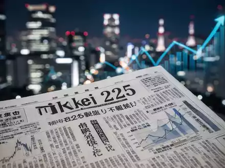 Nahaufnahme einer japanischen Finanzzeitung mit einem Artikel über den Nikkei 225, im Hintergrund unscharfe Lichter Tokios. - Foto: über boerse-global.de