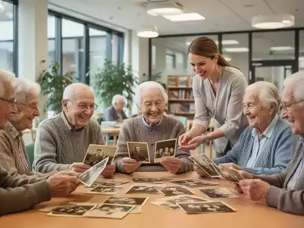 Ältere Menschen in einem Gedächtnistraining-Workshop, die historische Fotos betrachten und sich austauschen, unterstützt von einer Therapeutin. - Foto: über boerse-global.de
