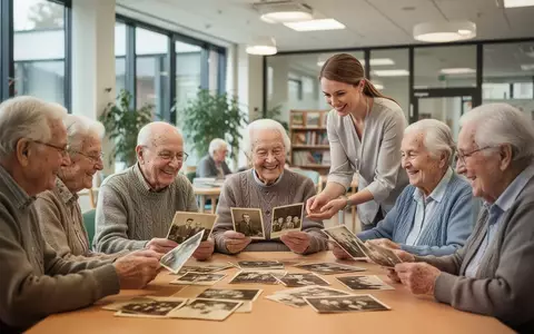 Ältere Menschen in einem Gedächtnistraining-Workshop, die historische Fotos betrachten und sich austauschen, unterstützt von einer Therapeutin. - Foto: über boerse-global.de