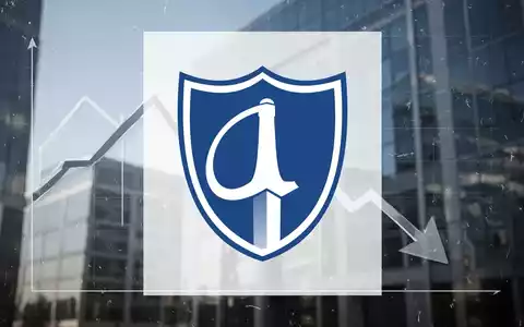 Eine stilisierte Grafik mit Abwärtstrend vor einem unscharfen modernen Bürogebäude, das einen Rabatt auf den Buchwert darstellt. - Foto: über boerse-global.de