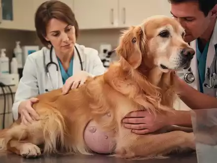 Ein Tierarzt untersucht sanft einen älteren Golden Retriever, der möglicherweise Symptome des Cushing-Syndroms zeigt. - Foto: über boerse-global.de
