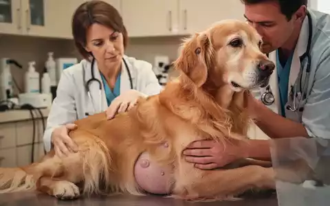 Ein Tierarzt untersucht sanft einen älteren Golden Retriever, der möglicherweise Symptome des Cushing-Syndroms zeigt. - Foto: über boerse-global.de