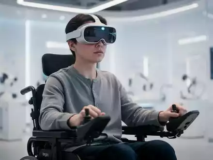 A person wearing an Apple Vision Pro headset, using eye movements to control an electric wheelchair in a modern setting. - Foto: über boerse-global.de