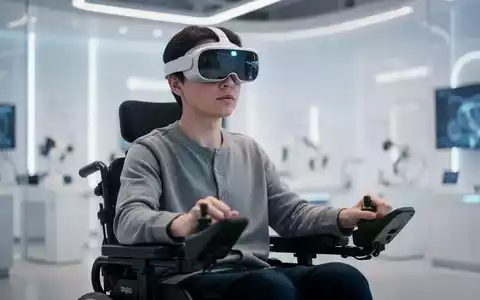 A person wearing an Apple Vision Pro headset, using eye movements to control an electric wheelchair in a modern setting. - Foto: über boerse-global.de
