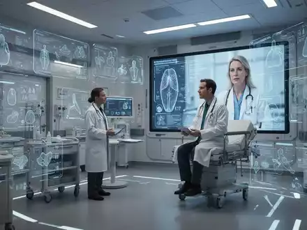 Ein Arzt konsultiert einen Patienten per Telemedizin in einem modernen deutschen Krankenhaus mit digitalen Anzeigen. - Foto: über boerse-global.de