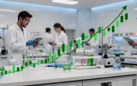 Laborumgebung mit Wissenschaftlern und einer digitalen Darstellung eines steigenden Aktiencharts, der Finanzwachstum symbolisiert. - Foto: über boerse-global.de