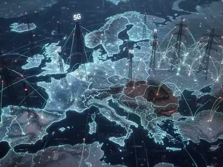 Eine futuristische digitale Karte Europas mit leuchtenden Netzwerklinien und Datenpunkten, die technologische Infrastruktur und Konnektivität visualisiert. - Foto: über boerse-global.de