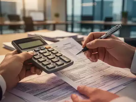 Hände halten einen Taschenrechner und einen Stift über Steuerformulare, im Hintergrund ein unscharfes Büro. - Foto: über boerse-global.de