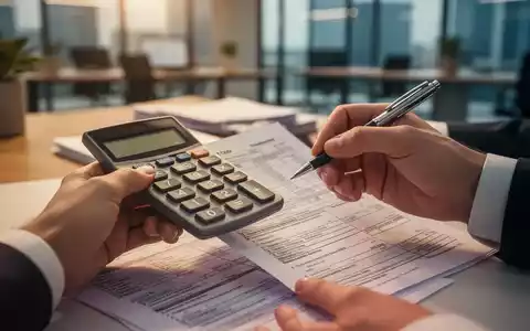 Hände halten einen Taschenrechner und einen Stift über Steuerformulare, im Hintergrund ein unscharfes Büro. - Foto: über boerse-global.de