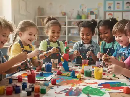 Eine Gruppe fröhlicher Kinder malt und bastelt gemeinsam an einem Kunstprojekt in einem hellen Klassenzimmer. - Foto: über boerse-global.de