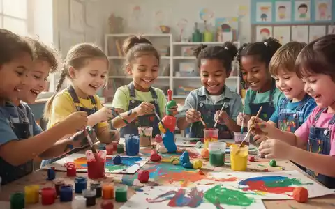 Eine Gruppe fröhlicher Kinder malt und bastelt gemeinsam an einem Kunstprojekt in einem hellen Klassenzimmer. - Foto: über boerse-global.de