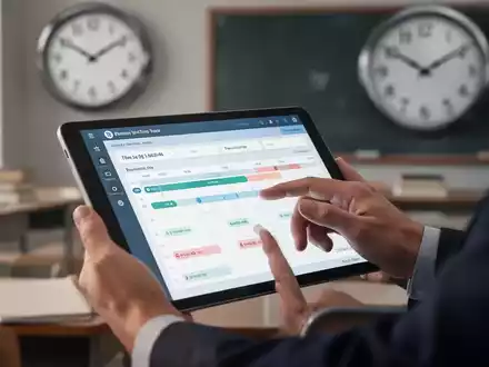 Hände einer Lehrkraft, die eine digitale Zeiterfassungs-App auf einem Tablet bedienen, mit verschwommenem Klassenzimmer im Hintergrund. - Foto: über boerse-global.de