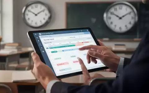 Hände einer Lehrkraft, die eine digitale Zeiterfassungs-App auf einem Tablet bedienen, mit verschwommenem Klassenzimmer im Hintergrund. - Foto: über boerse-global.de