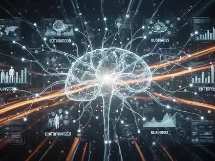 Ein abstraktes, leuchtendes neuronales Netz verbindet Geschäftsbereiche und Datenpunkte, symbolisierend die KI-Transformation in Unternehmen. - Foto: über boerse-global.de